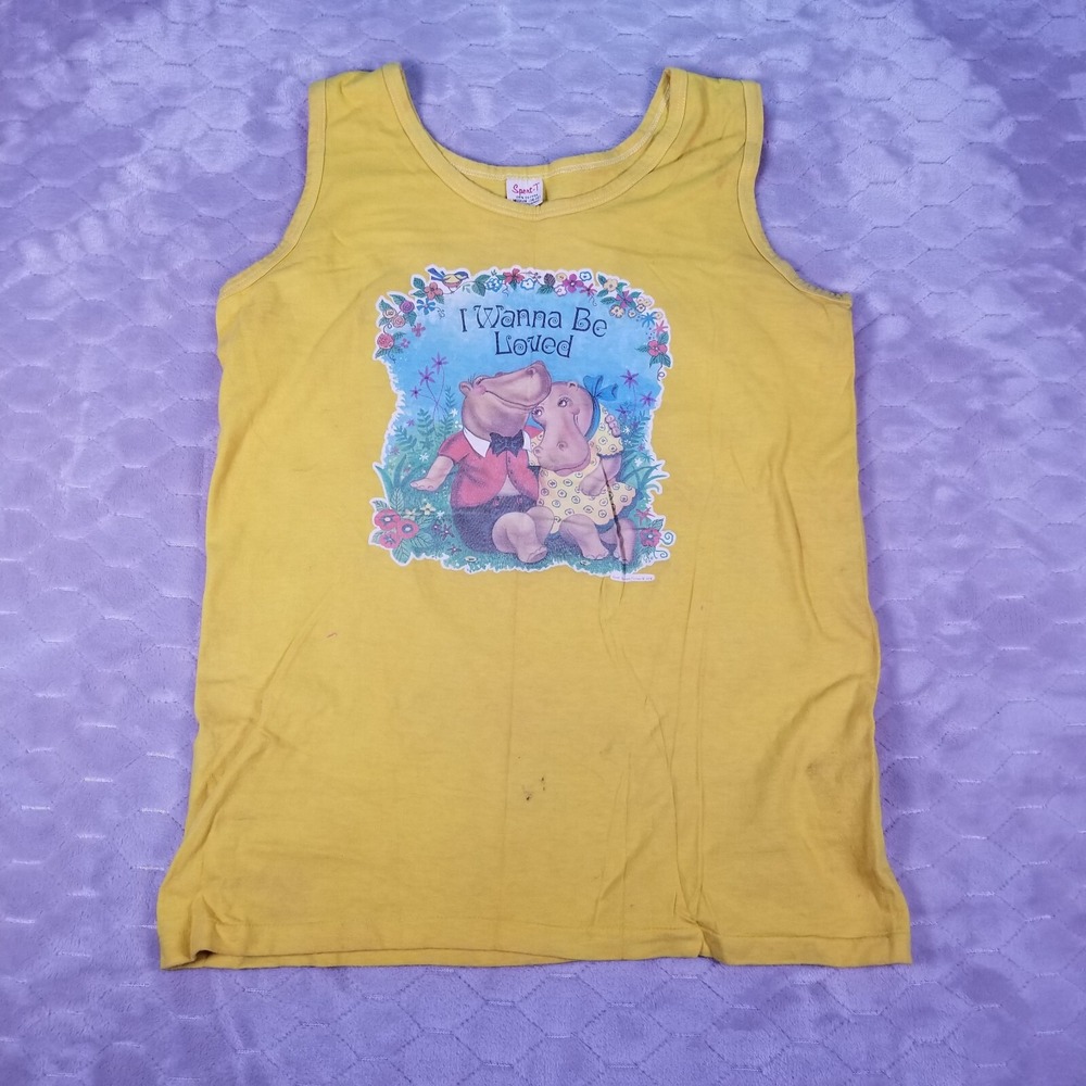 VTG 70's Iron On Transfer Yellow Tank Top Hippos Spor-T PAINTED STAINED Sz M